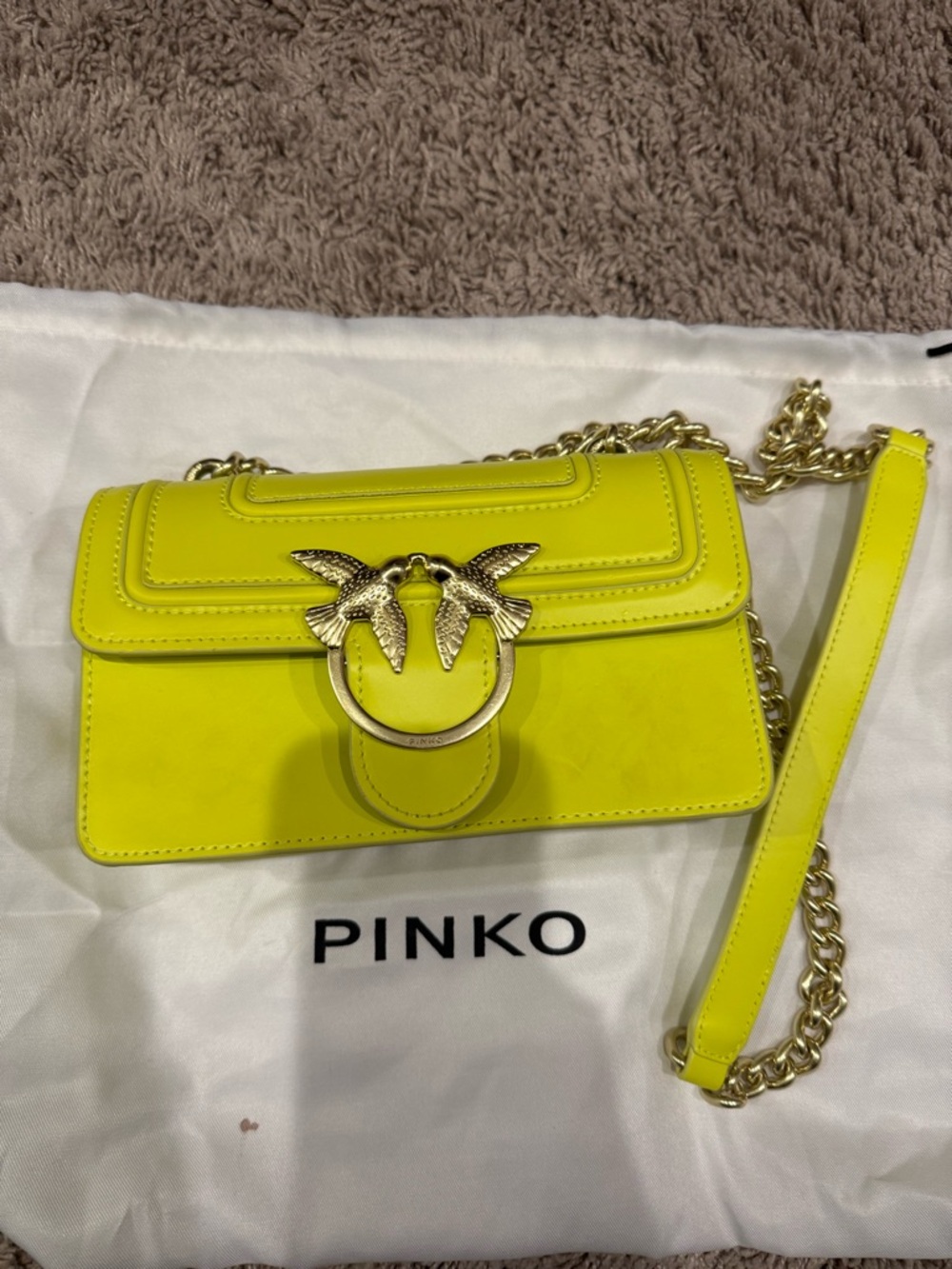 Pinko Neon Yellow Love Birds Crossbody Bag with Gold Chain